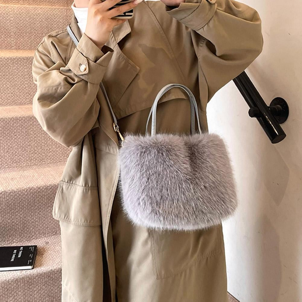 Faux Fur Tote Bag Women's Bucket Plush Light Luxury Ladies Handbags Soft Winter Crossbody Shoulder Bags