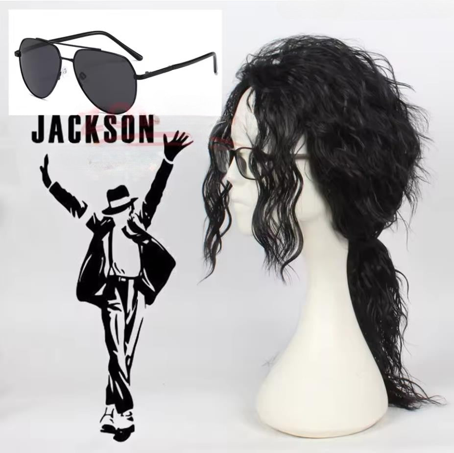 Peruca ou óculos de cosplay do Michael Jackson MJ Peruca sintética cacheada longa preta Acessórios para perucas de cosplay de Halloween