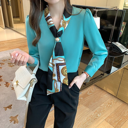 H Han Queen Spring Chiffon Simple Office Lady Blouse Female Shirt Bow Tops Long Sleeve Casual Korean OL Loose Blouses Women