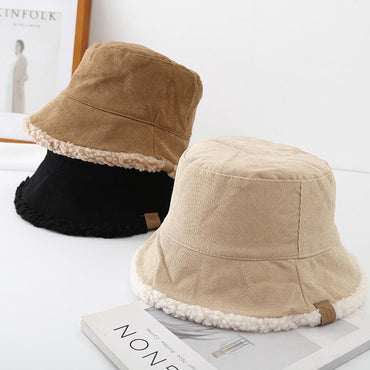 Trendy Lambswool Winter Bucket Hat Thickened Soft Fisherman Cap Warm Corduroy Beanies Cap for Casual, Trips, Sports, Skiing