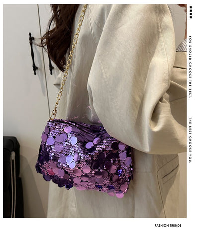 Sequin Evening Party Shoulder Bags for Women Lightweight Portable Ladies Chain Crossbody Bag Solid Color Casual Female Handbag