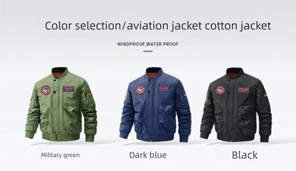 Unisex Winter Thicken Warm Bomber Jacket Air Force Style Flight Parkas Coat with Cotton Embroidery Casual Outwear for Men