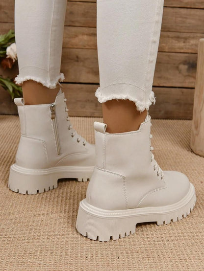 Thick Warm Long Plush Ankle Boots for Women Winter 2024 Lace Up Pu Leather Motorcycle Boots Woman Plus Size Short Booties Shoes