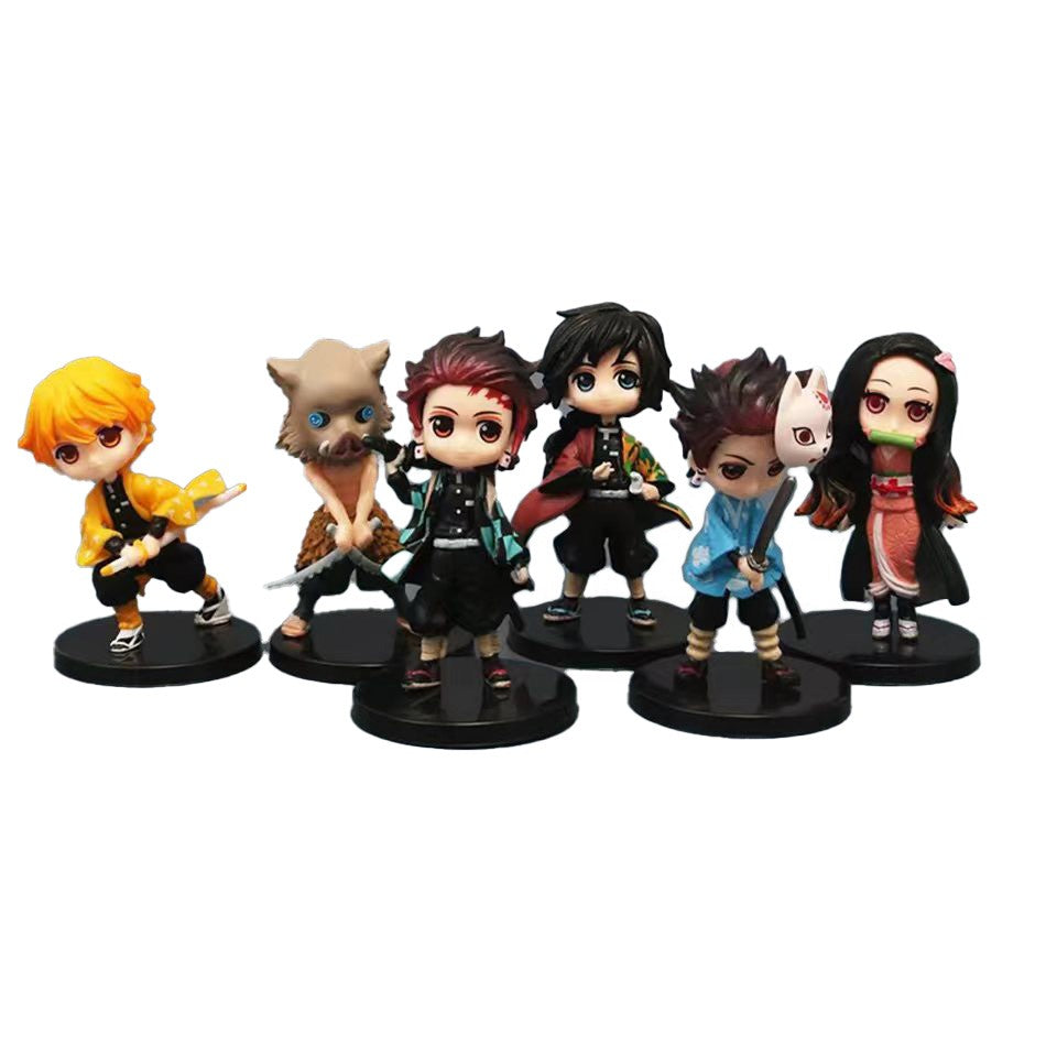 6 unidades Anime Demon Slayer Boneco Nezuko Tanjirou Zenitsu Inosuke Kyoujurou Giyuu Kawaii Qposket Boneco PVC Modelo Brinquedo Presente Colecionável