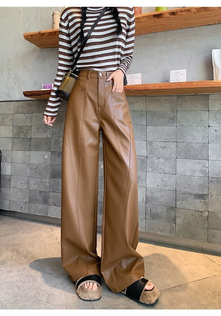 2025 New High Waist Vintage Black Women's PU Leather Wide-Leg Pants Loose Straight Retro Casual Floor-Length Pant Autumn Winter