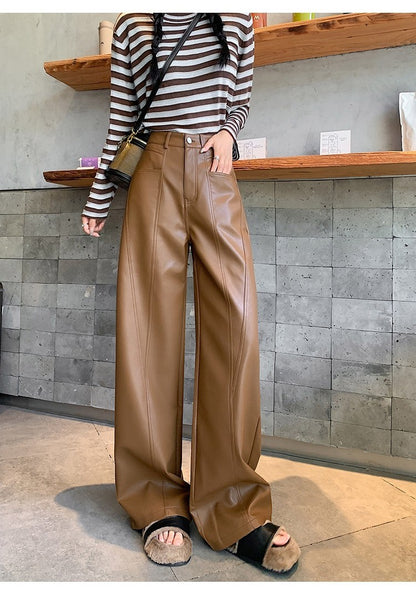 2025 New High Waist Vintage Black Women's PU Leather Wide-Leg Pants Loose Straight Retro Casual Floor-Length Pant Autumn Winter