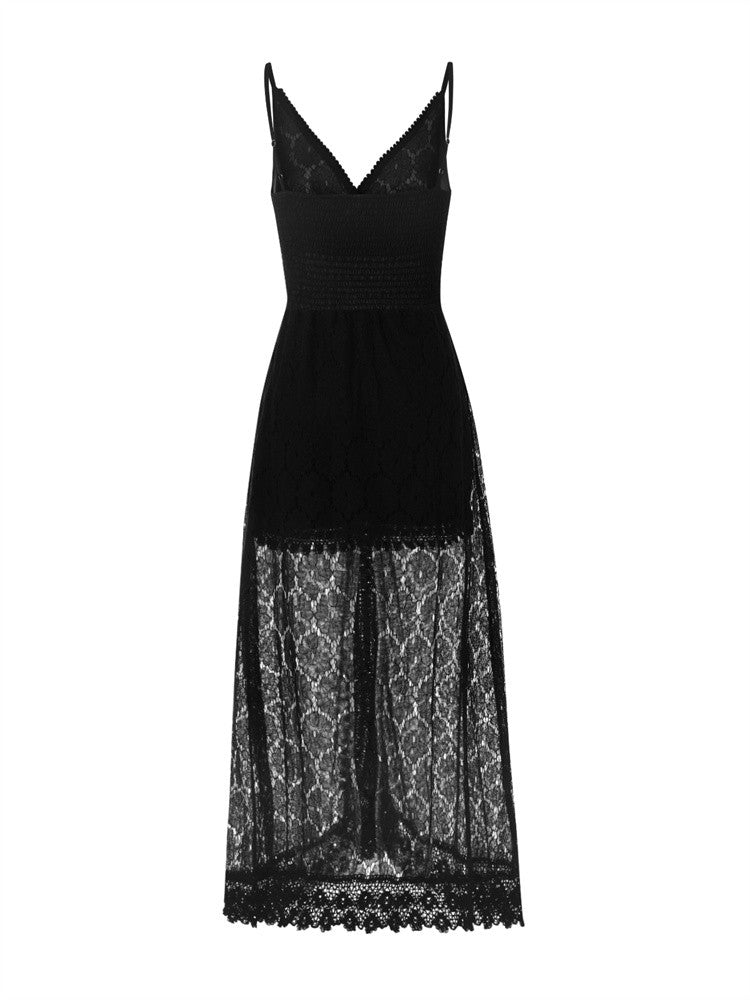 2025 Summer Women Lace Playsuit Dress Sleeveless V Neck Hollow Out Irregular Mid