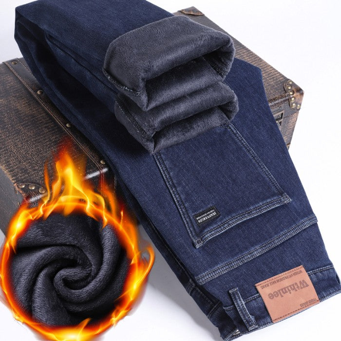 Calça Jeans Masculina Forrada de Lã para Inverno, Reta, Elástica, Preta, de Veludo Grosso, Quente, Casual, Masculina, Tamanhos Grandes