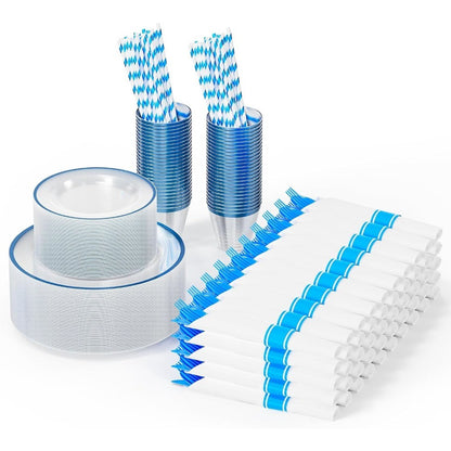 Elegante Conjunto de Pratos Descartáveis Azuis e Transparentes para Festa - Kit de Louça para 50 Convidados Novo
