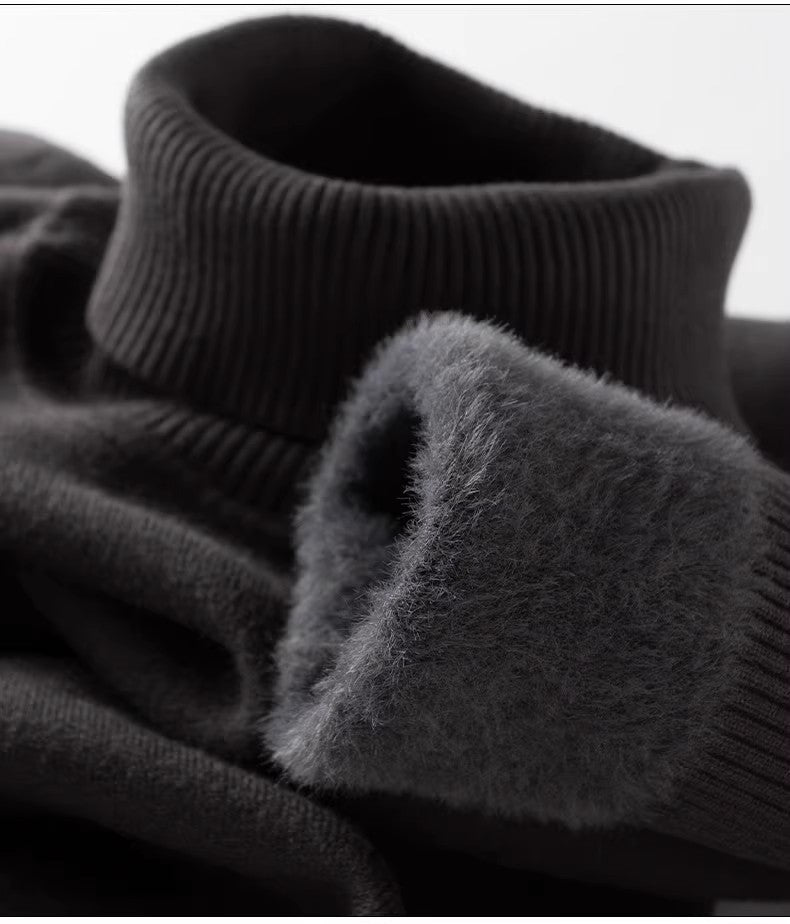 Men‘s Thermal Fleece High-neck Sweater Winter Turn-down Collar Fleece-lined Knitted Pullover Casual Keep Warm Thick Bottom Tops