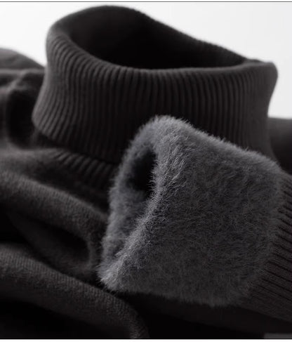 Men‘s Thermal Fleece High-neck Sweater Winter Turn-down Collar Fleece-lined Knitted Pullover Casual Keep Warm Thick Bottom Tops