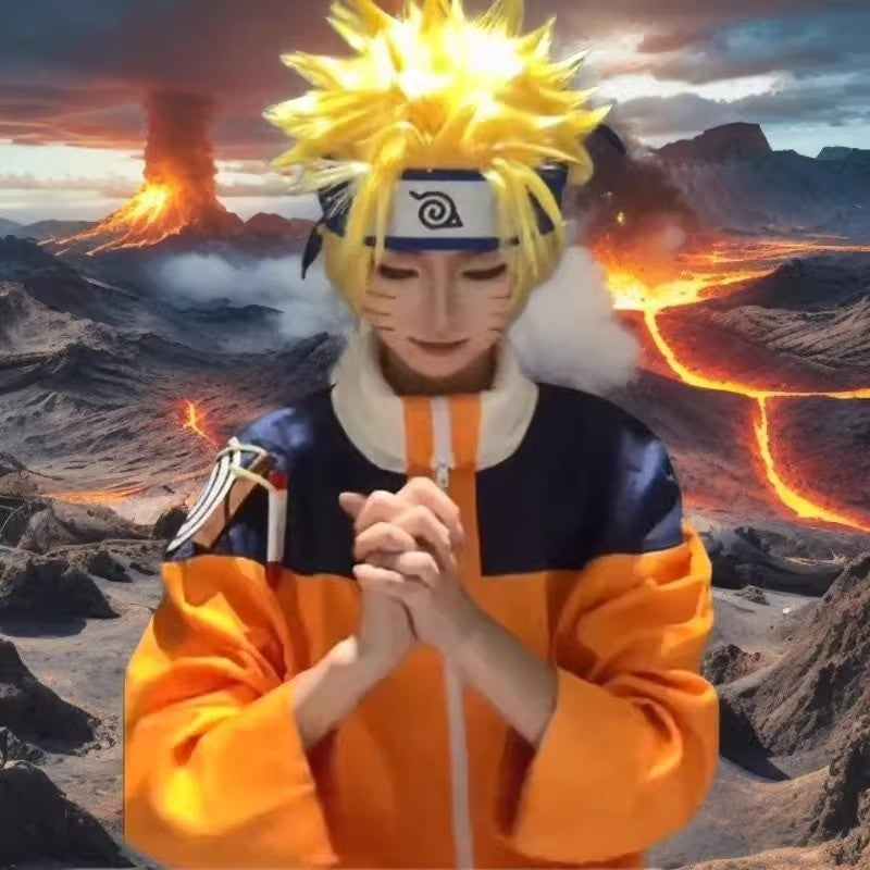 Uzumaki Cosplay Costume Orange Clothes with Headband & Kunai Pouch Pre-Shippuden Genin Ninja Outfit Blonde Wig Unisex Adult Hall