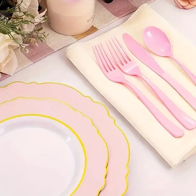 Conjunto de 75 Garfos, Colheres e Facas Rosas Reutilizáveis | Lavável, Talheres de Plástico para Festa