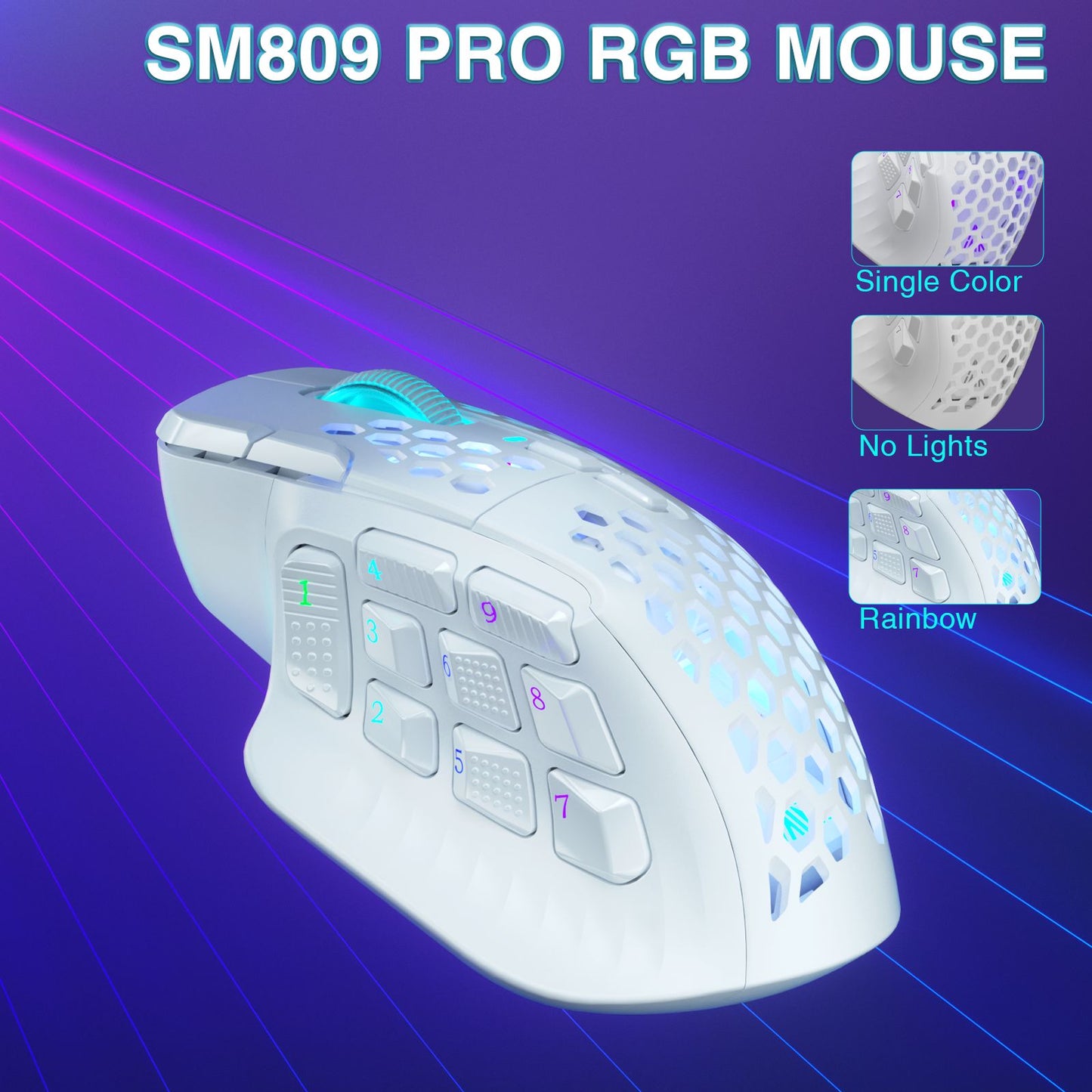 Mouse Gamer Sem Fio SOLAKAKA SM809 Pro MMO PAW3311 16 Botões Laterais 24000 DPI RGB Colmeia Macro Programável Mouse sem fio
