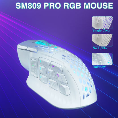Mouse Gamer Sem Fio SOLAKAKA SM809 Pro MMO PAW3311 16 Botões Laterais 24000 DPI RGB Colmeia Macro Programável Mouse sem fio
