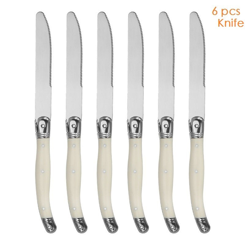 Conjunto 6 Peças Talheres Laguiole Branco Prata Facas Garfos Colheres Bife Conjunto Polimento Espelhado Coleção Inox Talheres Natal Colher de Chá