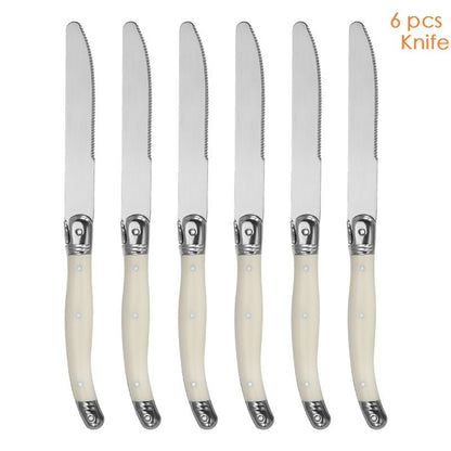 Conjunto 6 Peças Talheres Laguiole Branco Prata Facas Garfos Colheres Bife Conjunto Polimento Espelhado Coleção Inox Talheres Natal Colher de Chá