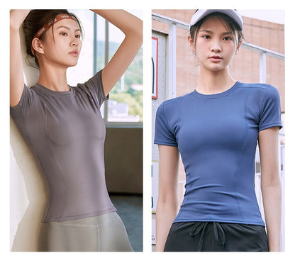 2024 Women's Sports Fitness Clothing Slim Running Sweat Absorbing Skinny Yoga Clothes Quick Drying Clothes Short Sleeved T-shirt