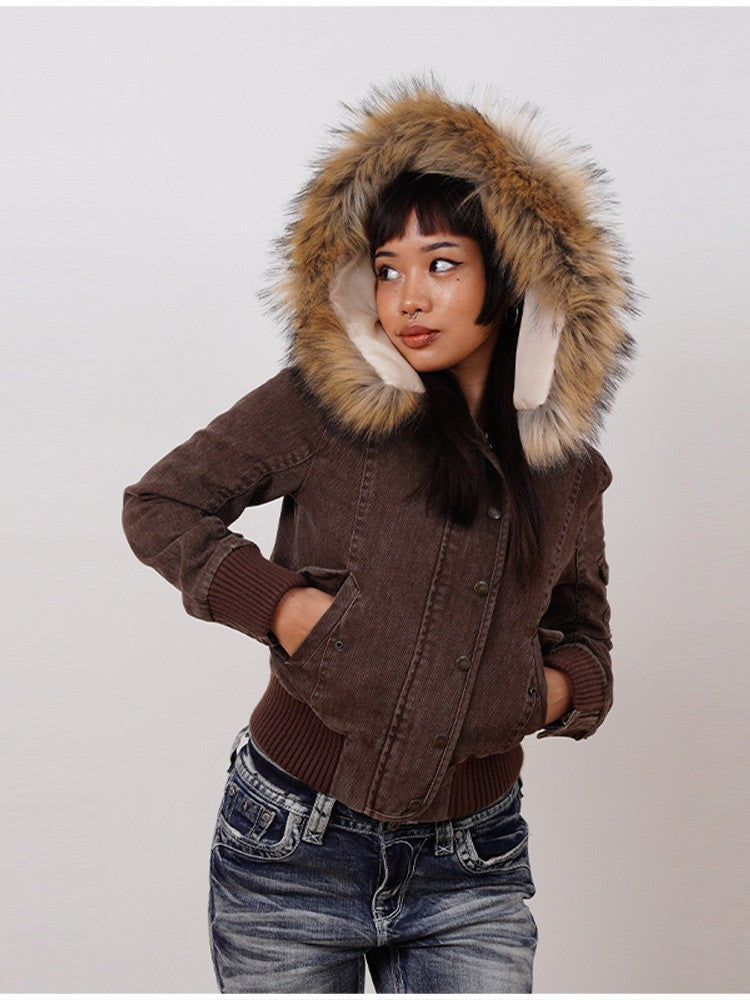Vintage Brown Short Hooded Jacket Women's Full Sleeve Slim Detachable Fur Collar 2025 NEW Winter  Autumn Female Outerwear