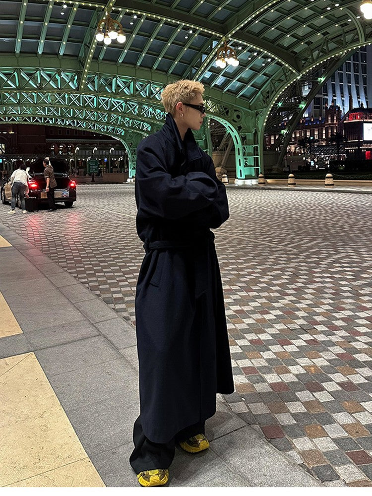 Mauroicardi Autumn Winter Oversized Extra Long Warm Navy Blue Wool Blends Coat Men Loose Luxury Designer Woolen Overcoat 2024