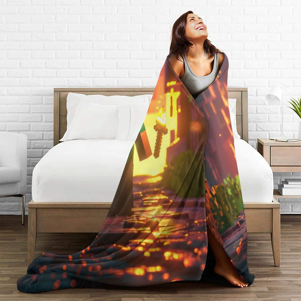 Cartoon Mines Pixel Game Crafts Flannel Blanket Super Warm Throw Blanket for Home Decor Decorative Street Trend Bedspread