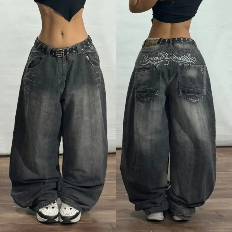 Y2K American New Pattern Embroidery Wash Baggy Jeans Men High Street Vintage Hip Hop Fashion Casual Joker Couple Wide-leg Pants