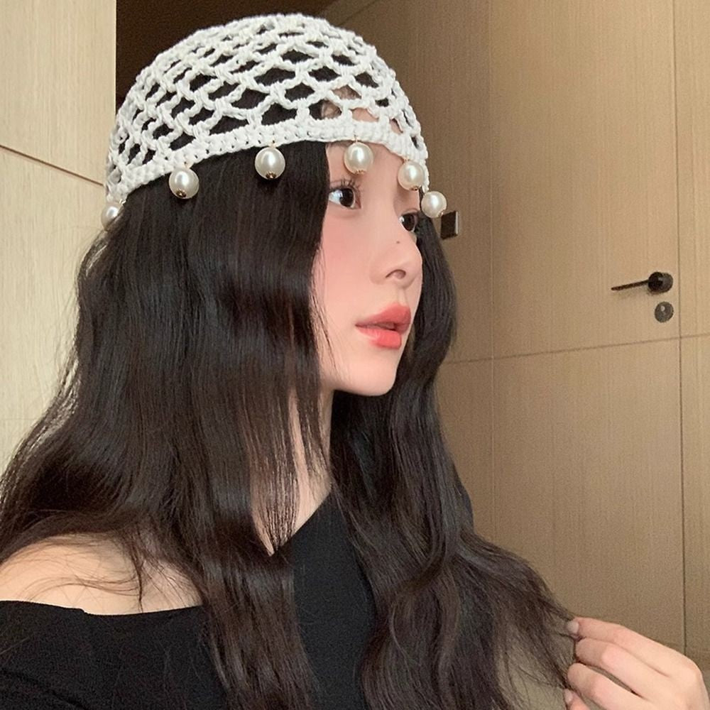 Fashion Round Beads Knitted Hat Crochet Pearl Fringed Woven for Women Travel Versatile Hollow Breathable Retro Beanies Cap