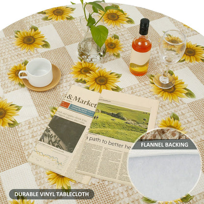 Waterproof Round Tablecloth Elastic Fixation Edged PVC Table Cover Flannel Backed Table Pad Oil-Proof for Dining Table Kitchen