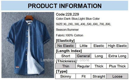 Denim Shirts Men Cotton Short Sleeve Summer Casual Jeans PLus Size 5XL 6XL 7XL Big Thin Boys Loose Blouse 8XL Man Male Camisa