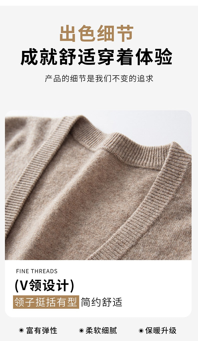 New Simple Button-Up Long Sleeve 100% Wool Cardigan Men's V-Neck Autumn Winter Versatile Commuter Sweater Knitted Jacket