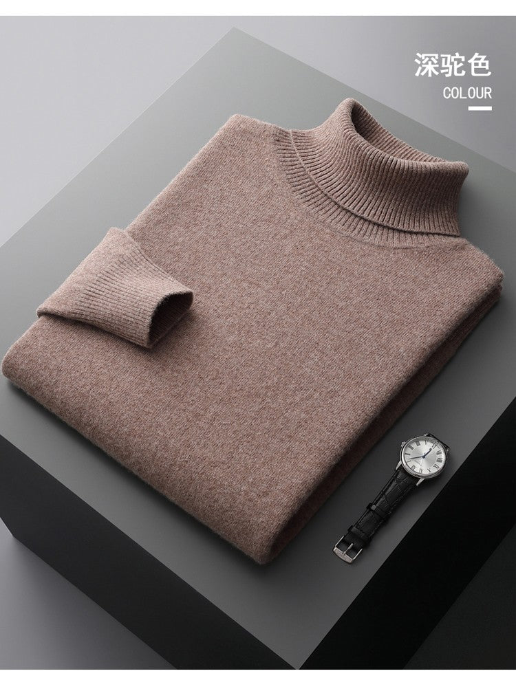 100%Merino Wool Lapel Sweater Men's Turtleneck Loose Knit Pullovers Youth Business Casual Joker Tops Warm Solid Color Base Shirt