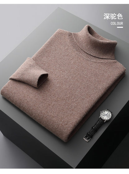 100%Merino Wool Lapel Sweater Men's Turtleneck Loose Knit Pullovers Youth Business Casual Joker Tops Warm Solid Color Base Shirt
