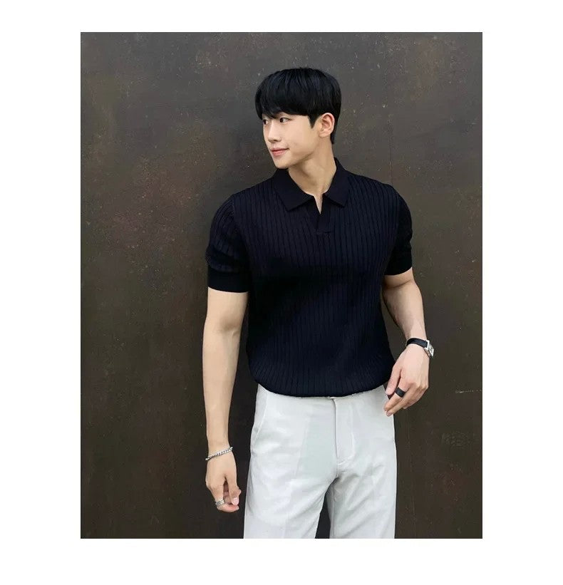 Trendy Polo Shirt For Men Summer Solid Color Top Versatile Knit Style Korean Short Sleeves Casual Fashion T-shirt