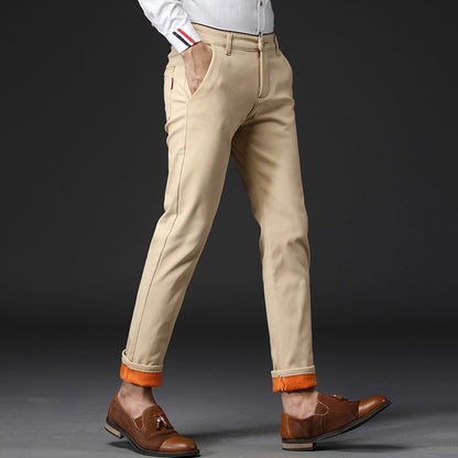 Winter Men Korean Fashion Straight Leg Pants Winter Snow Warm Thermal Thicken Casual Pants New Fleece Slim Fit Business Trousers