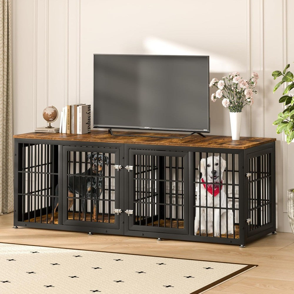Móvel Gaiola Dupla para Cães de 78 Polegadas, Móvel Gaiola Extra Grande Reforçada com Divisória para 2 Cães, Canil Decorativo de Madeira