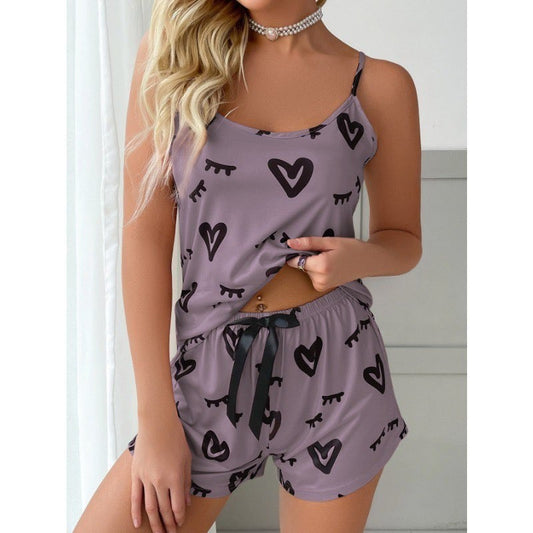 Pijama para Mujer 2 Piezas - Estampado de Corazón, Camisola + Pantalones Cortos | Ropa de Dormir Veraniega Bonita y Cómoda para