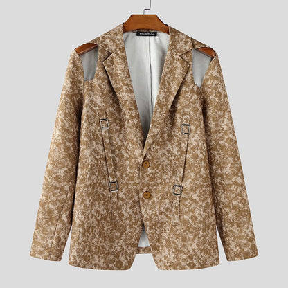INCERUN Men Blazer Printing Hollow Out Lapel Long Sleeve Male Suit Streetwear Elegant Fashion Casual Thin Coats Men Blazer S-5XL
