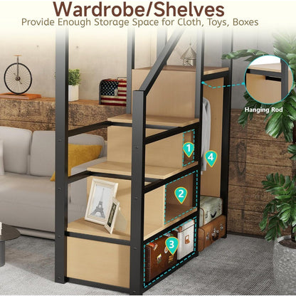 Size Loft Bed with Stairs and Storage, Metal Loft Bed Frame with Bedside Shelf and Large Under-Bed Space, Heavy-Duty Bed