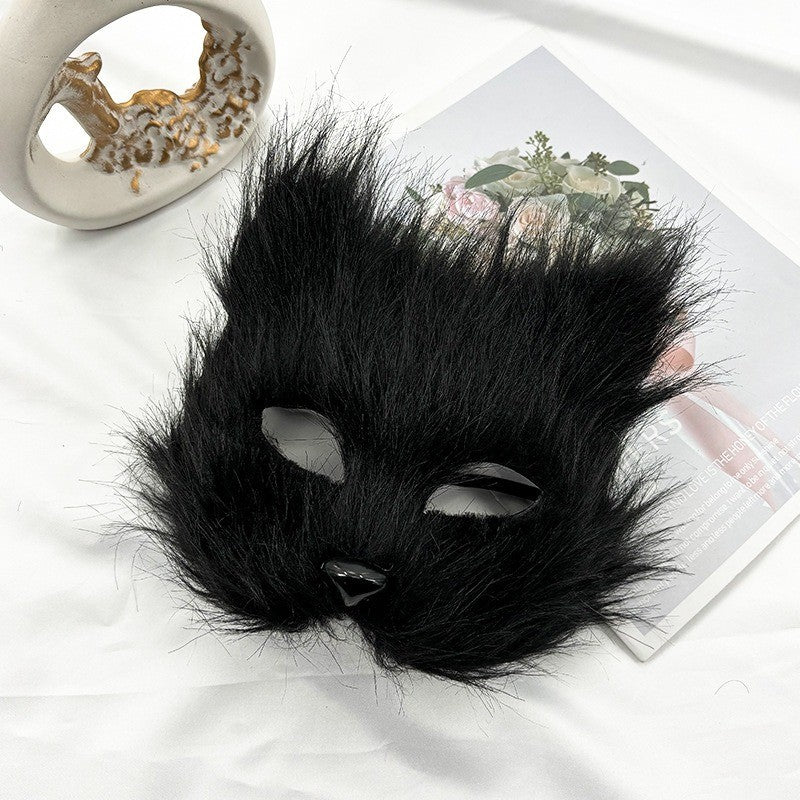 Halloween Plush Half Face Long Fur Animal Mask Masquerade Party Cosplay Costume Dress Up Prop  Cat Mask