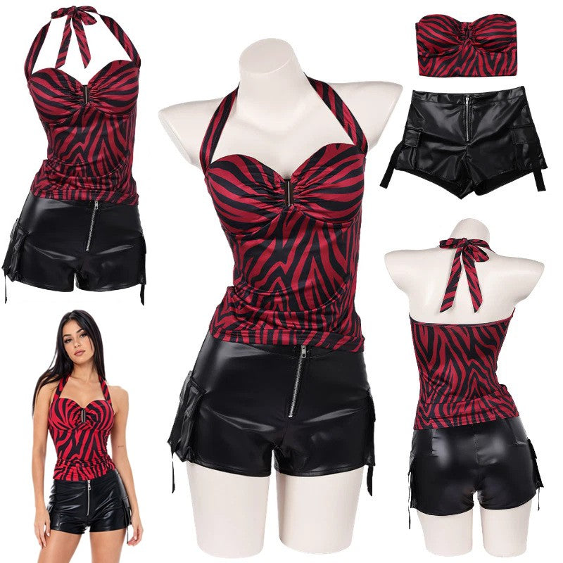 Obsession Nikki Costume Cosplay Outfit Zebra Halter Top Faux Leather Cargo Shorts Punk Streetwear Halloween Carnival Disguise