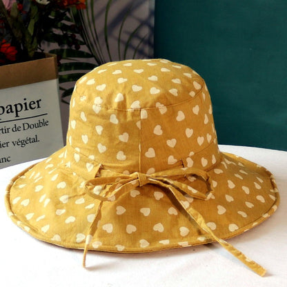 Chapéu feminino de verão, estampa de coração, aba grande para proteção solar, chapéu de sol de algodão e linho à prova de sol, chapéu de pescador dobrável