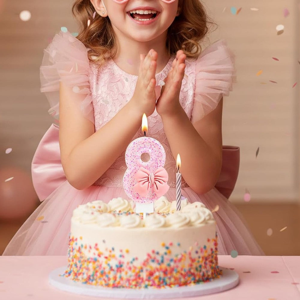 Pink Bow Number Candle Glitter Candle Cake Topper 0-9 for Birthday Anniversary Party Cake Decoration Gifts