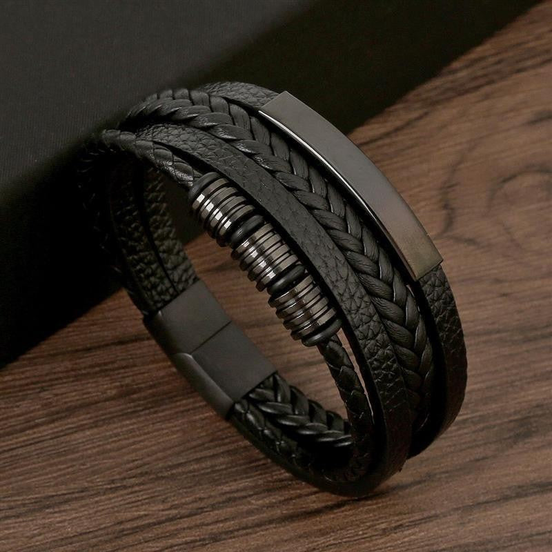 Pulseira de Couro Masculina Punk com Fecho Magnético de Aço Inoxidável Trançado em Camadas Envoltório de Couro Pulseiras Presente Joias Masculinas