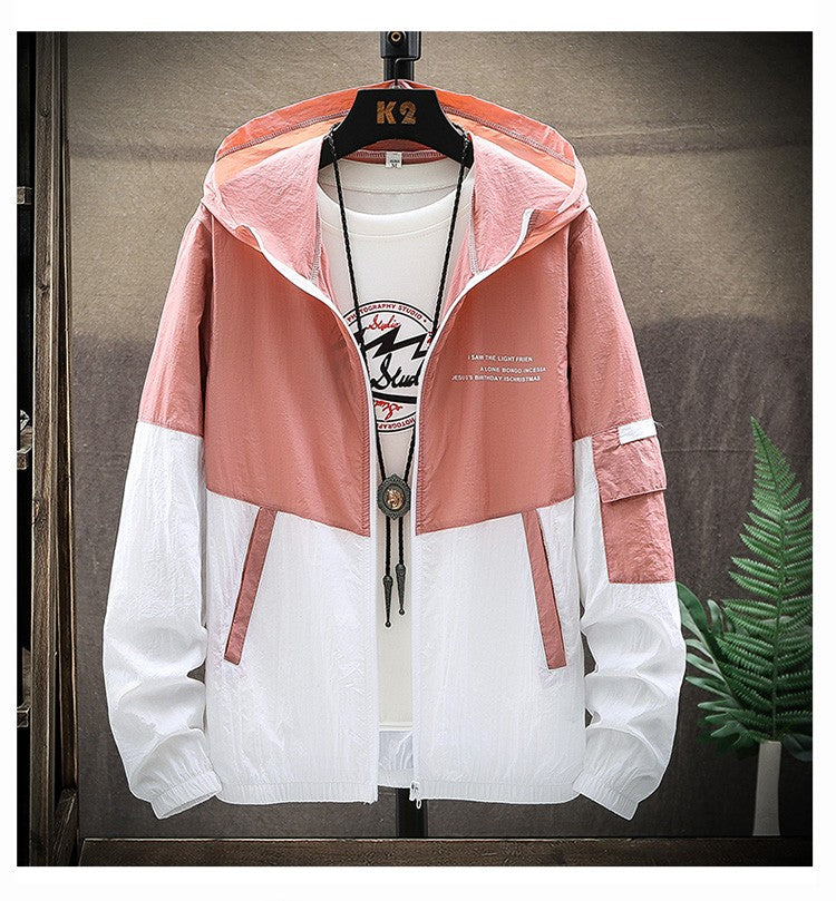Summer Men's Sun Protection Shirt Thin Quick Drying Hood Windproof Jacket Breathable Letter Print Casual and Versatile Cardigan