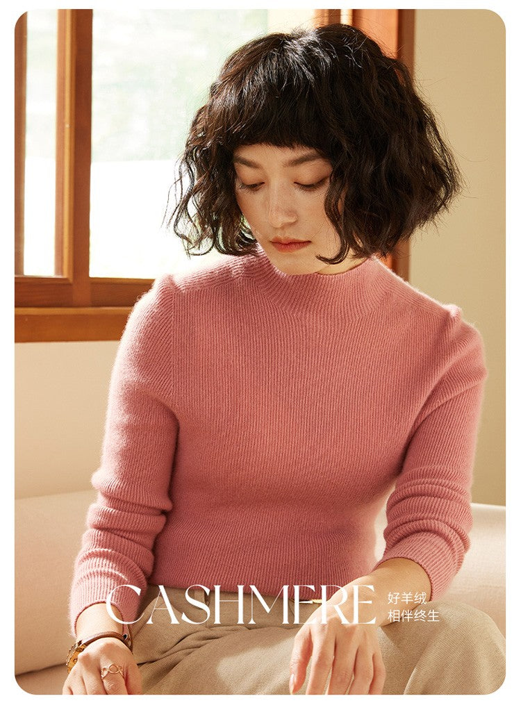 Autumn and winter new women's 100% pure cashmere semi high neck pullover sweater knitted slim fit hot selling women's top