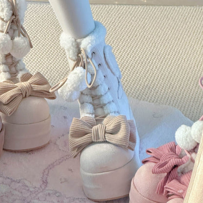 Sweet Winter Girls Lolita Mid-Calf Snow Boots,Cute Female Students Plush Warm Bowknots Lace Up Wedge Heel Heightening Shoes