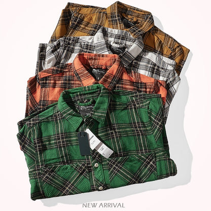 8112# Autumn New Japanese Retro Cargo Sueded Plaid Shirt Men's Fashion 100% Cotton Washed Old Pocket Long Sleeve Casual Blouses