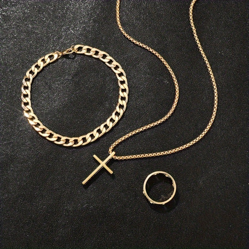 Conjunto de Joias de Aço Inoxidável 3 Peças para Homens Colar com Pingente de Cruz Corrente Pulseira Anel Conjunto Acessórios de Design Personalizado Presentes