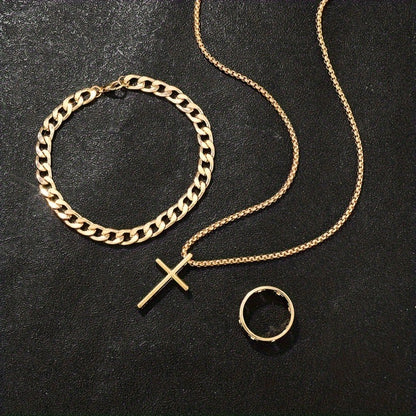 Conjunto de Joias de Aço Inoxidável 3 Peças para Homens Colar com Pingente de Cruz Corrente Pulseira Anel Conjunto Acessórios de Design Personalizado Presentes