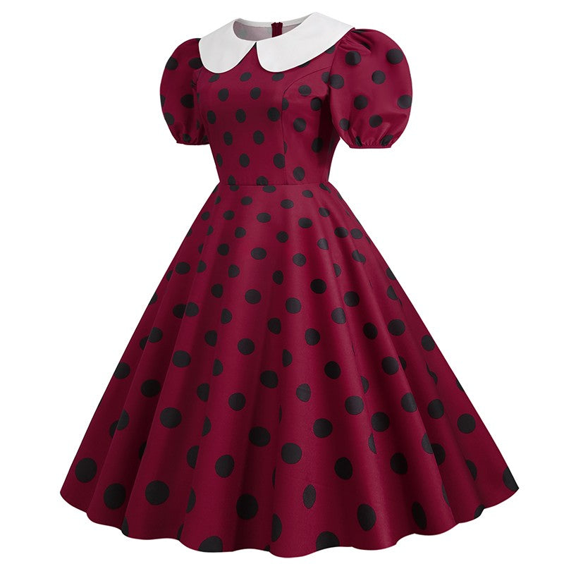 Elegant Women Summer Dress Puff Short Sleeve Polka Dot Peter pan Collar Vintage A-line Midi Long Party Sundress